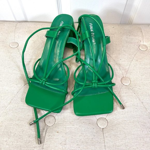 Green Lace Up Block Mid Heel Square Front Sandals 8 Wide Fit - Picture 6 of 10